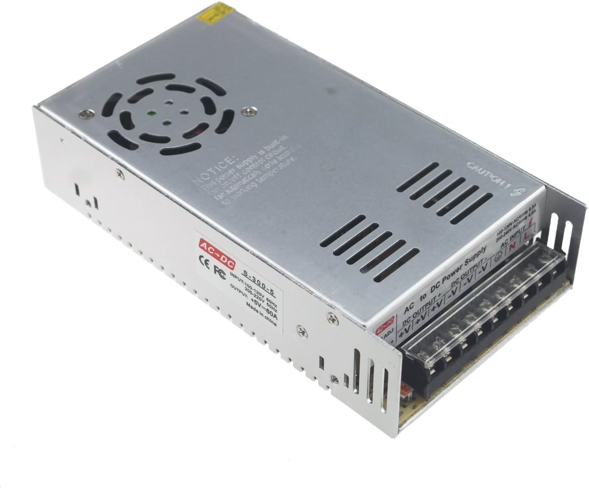 Rextin DC 5V 60A 300W Regulated Transformer Power Supply Driver SW For LED Strip Lights (300W 60A)