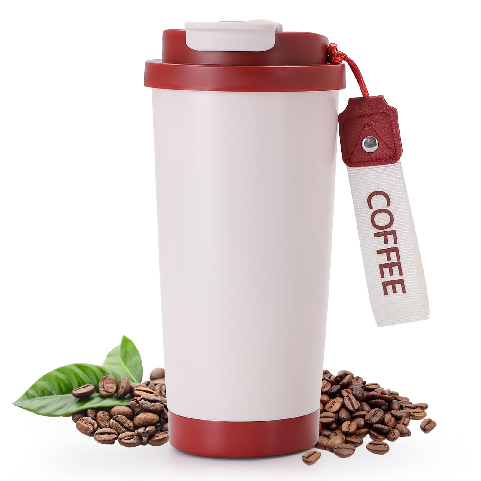 Photo 1 of LATTPLYN Travel Coffee Mug, 18 oz Insulated Coffee Cup with Lid, Leakproof Stainless Steel Double-Wall Insulation Coffee Tumbler Cup For Hot/Ice Coffee Tea Vacuum Thermal Thermos(Beige+Red,18 oz)