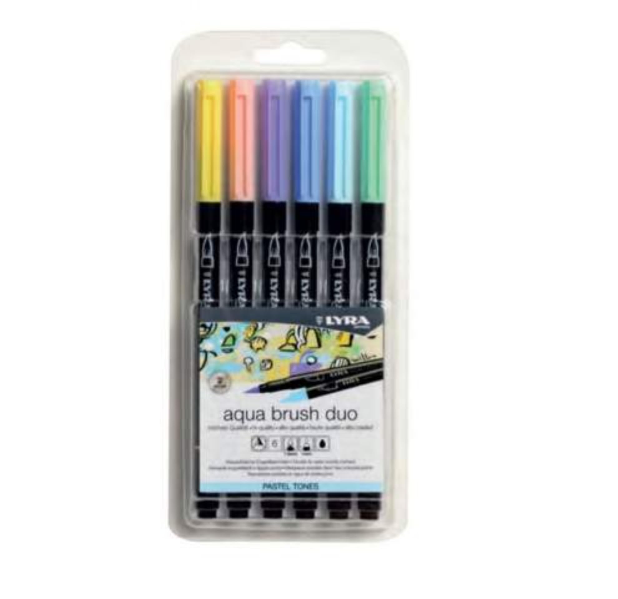 LYRA Aqua Brush Duo, Fine Art Brush Marker Set, Dual Tip, 6 Assorted Pastel Tone Colours, Water Soluble Pens, For Professionals & Students