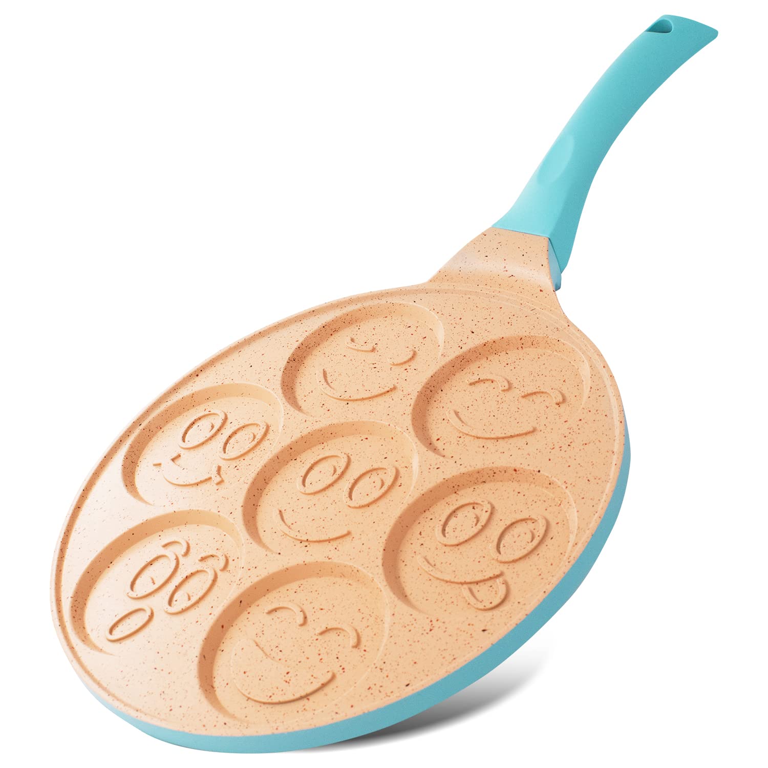 joeji's Kitchen 7 Hole Pancake Pan 26cm - Smiley Faces Mold - Non Stick and Induction Suitable - Lightweight Cast Aluminium - Mini Pancakes - Fun Kids Breakfast - Blue