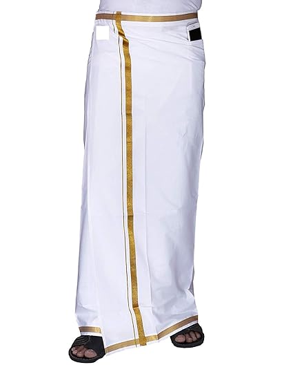 Cotton Dhotis for Men with Gold Zari Border | White Velcro Dhoti with Pocket | Cotton Vesti Mundu Best for Festivals and Ceremonies