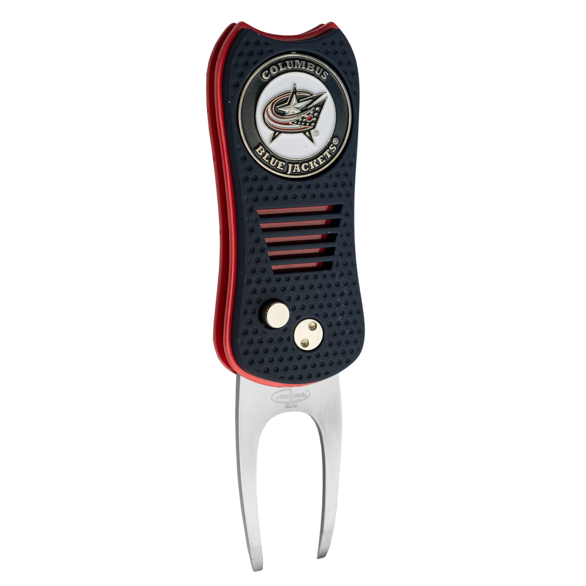 Team Golf NHL Columbus Blue Jackets Retractable Divot Tool with Double-Sided Magnetic Ball Marker, Features Patented Single Prong Design, Causes Less Damage to Greens