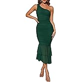 ZESICA Women's One Shoulder Summer Dress Sleeveless Mesh Ruched Bodycon Sexy Formal Cocktail Midi Dresses