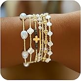 Bohxantium Gold Pearl Clover Shell Cross Bracelets for Women 7PCS Handmade Boho Beaded Bracelet Stack Stretch Stackable Gold Plated Beads Jewelry Accessories Trendy Birthday Prom Friendship Gift