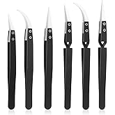6 Pcs Precision Reverse Ceramic Tweezers Black Non-Conductive Solder Tweezer Anti-Magnetic Pointed & Curved Tips Heat-resista