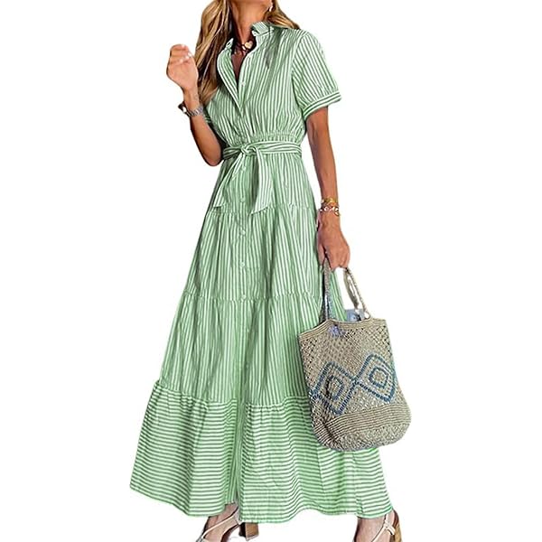 スカート y's stripe shoulder strap dress Zhyaj Womens Striped Maxi A Line Shirt Dress Tie Waist Swing