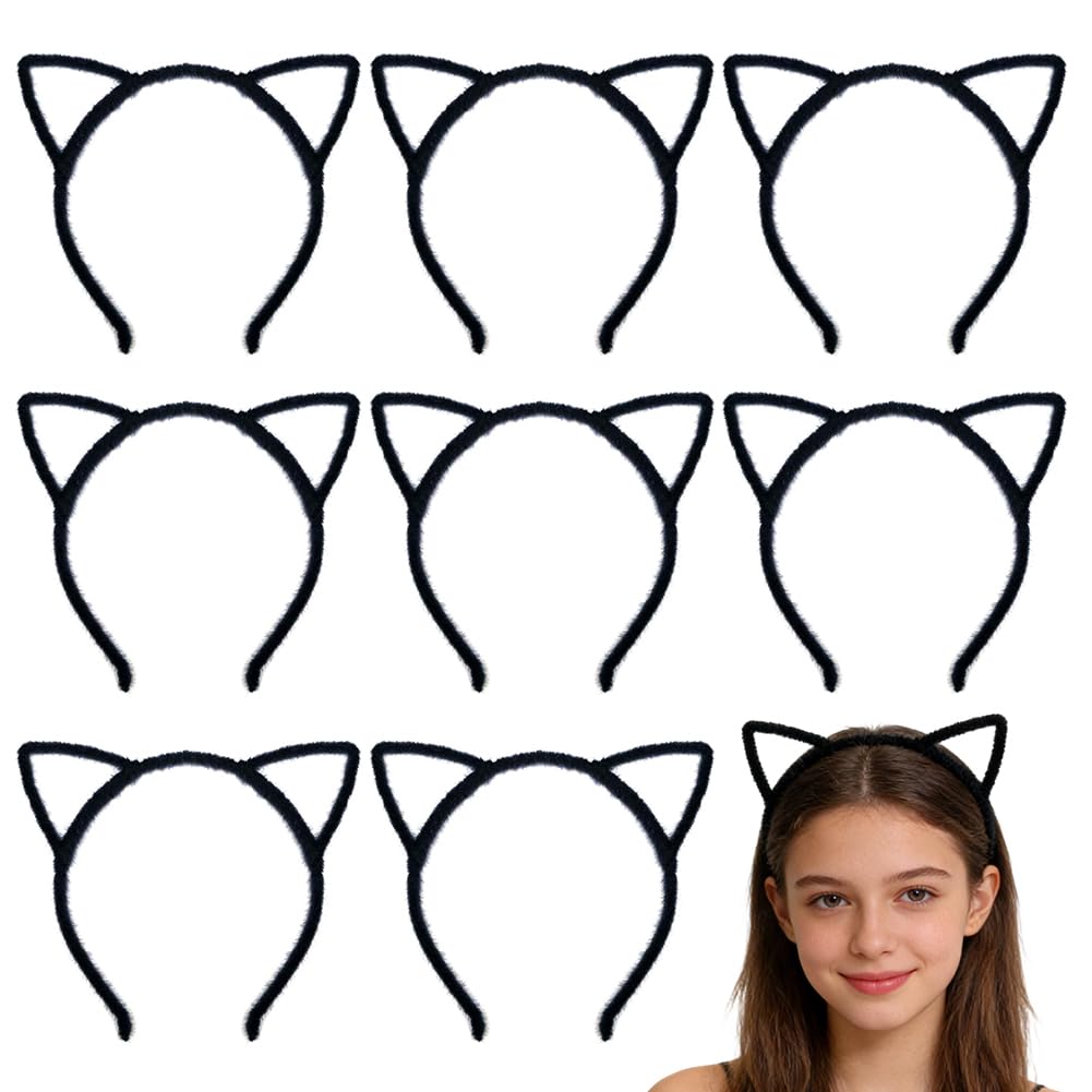 PyrrlicToy Cat Ear Headbands 8Pcs Cute Cartoon Ear Headbands Cat Ears Hair Band Halloween Hairband Cat Ears Plush Hair Hoop for Masquerade, Party, Daily Dress Up, Photography, Cosplay(Black)