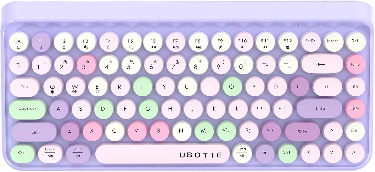 UBOTIE Portable Bluetooth Colorful Computer Keyboards, Wireless Mini Compact Retro Typewriter Flexible 84Keys Design Keyboard (New Purple Colorful)