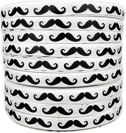 50 Yards 3/8" Black Mustache Printed White Grosgrain Ribbon