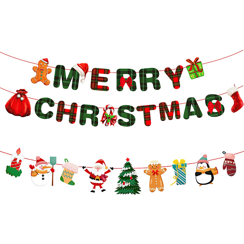 Merry Christmas Banner for Wall Decorations Xmas Bunting Banner Merry Christmas Sign Hanging Banners Decorations for Xmas Party Home Wall Door Window Fireplace Tree