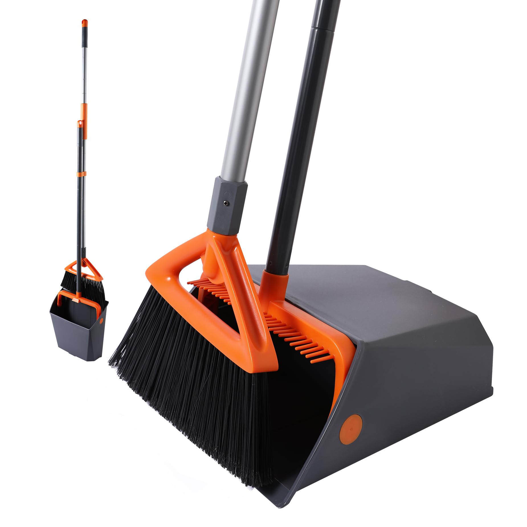 Commercial Broom and Dustpan Set with Long Handle, Outdoor Heavy Duty Broom and Dustpan for Rubbish Leaves Dog Pooper Scooper, Widely used in Courtyards, Garden, Gym,Hotels, Restaurants,Grey