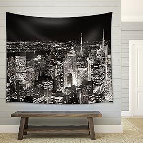 New York City Midtown Skyline Panorama with Skyscrapers and Urban Cityscape at Night. - Fabric Wall Tapestry Home Decor - 51x60 inches