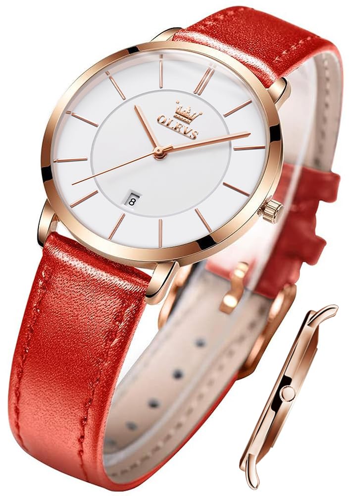 OLEVS Ladies Quartz Watch Minimalist Casual Ultra-Thin Design & Leather Strap & Waterproof & Date Elegant Watch