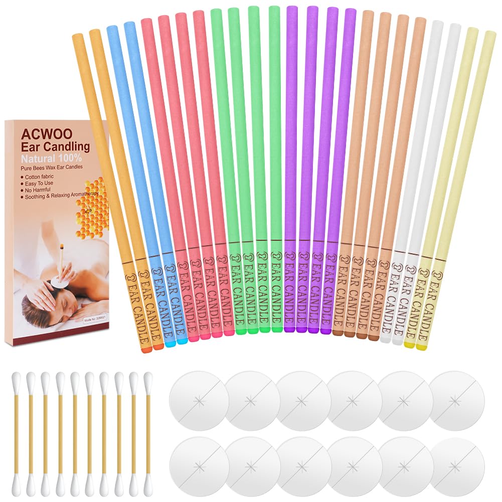 ACWOO Ear Candles, 24Pcs Natural Beeswax Ear Candles, 100% Non-Toxic Cylinders Fragrance Hollow Candles, Ear Wax Remover Candle Kit for Blocked Ears (Color-24P)