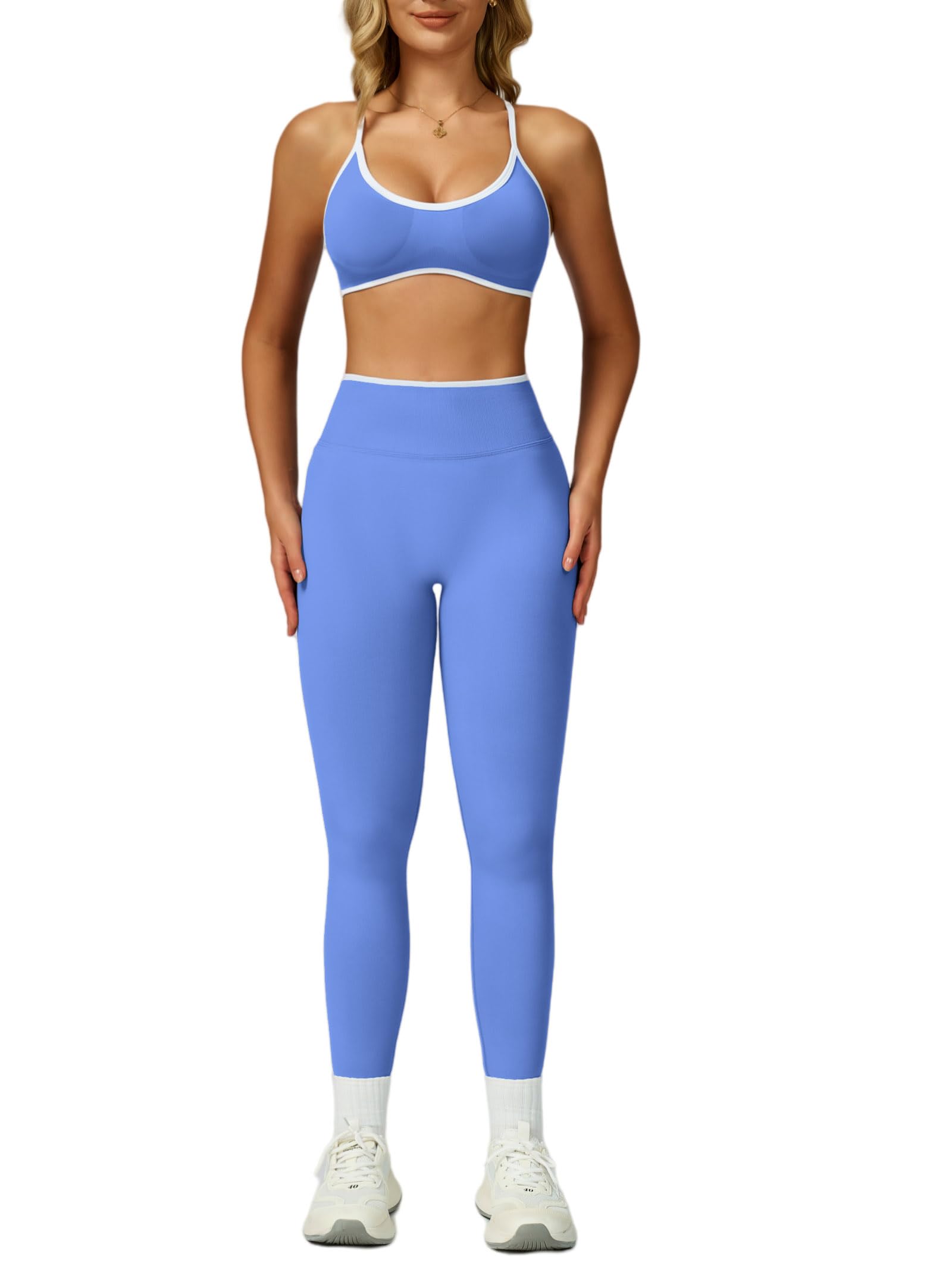 Photo 1 of ABOCIW Workout Sets for Women Seamless Color Block Sports Bra Hidden Scrunch High Waist Leggings 2 Piece Gym Yoga Active Wear Pilates Outfits Athletic Work Out Clothes Azure X-Small