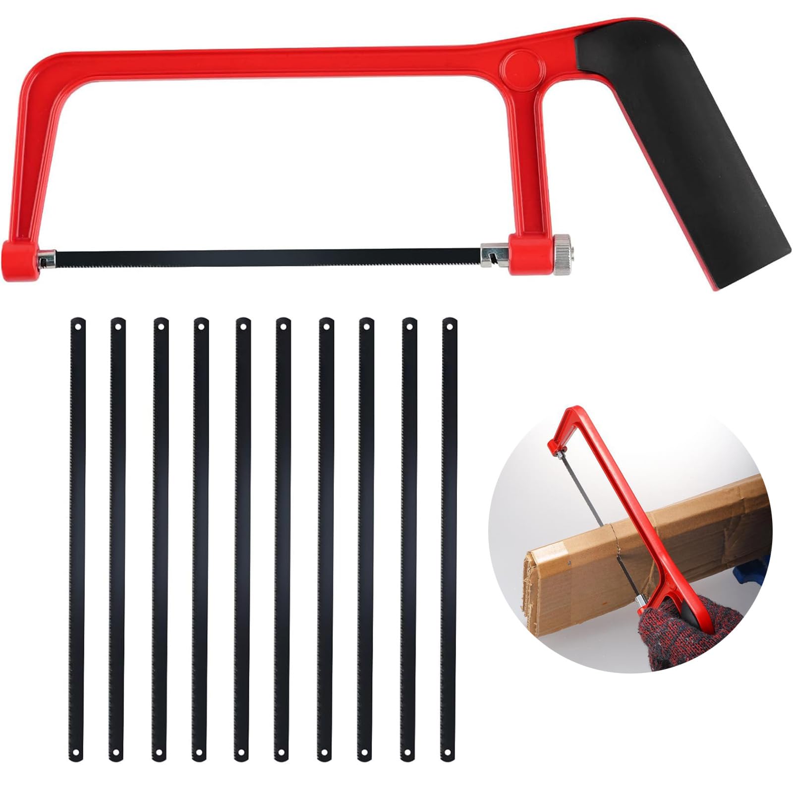 YSUY Red Hacksaw for Metal Cutting, Small Craft Saw with Adjustable Angle, Includes 10 Standard Saw Blades