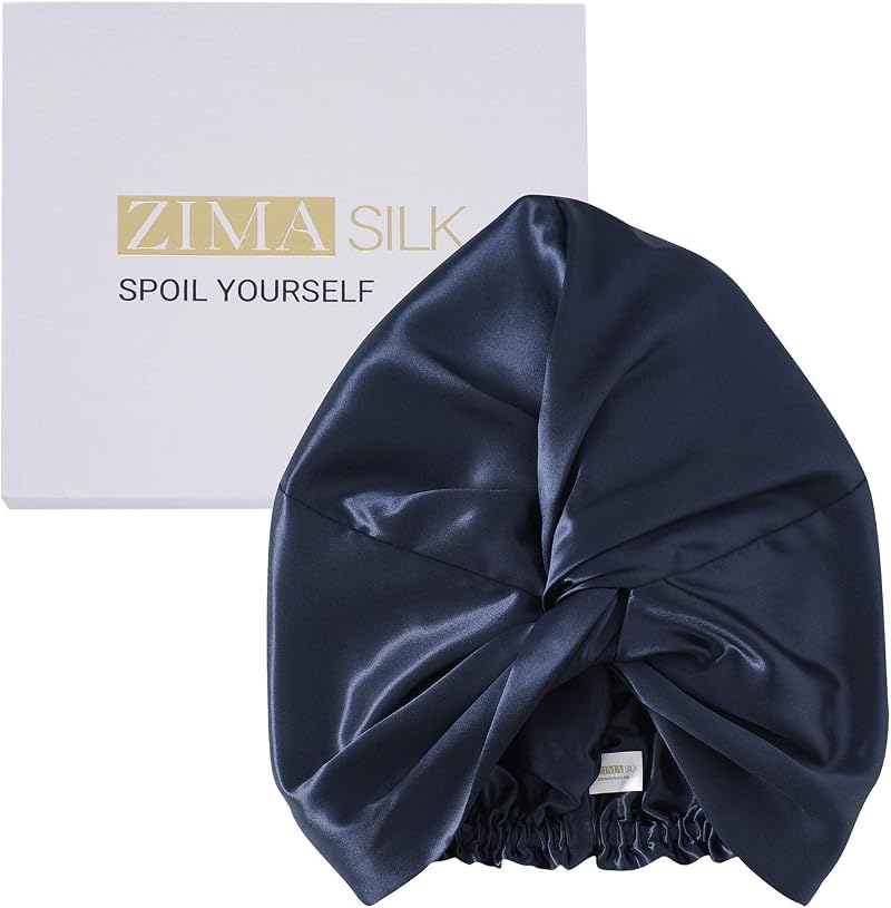 ZIMASILK 22 Momme 100% Mulberry Silk Sleep Cap Navy Blue Bonnet Free Returns