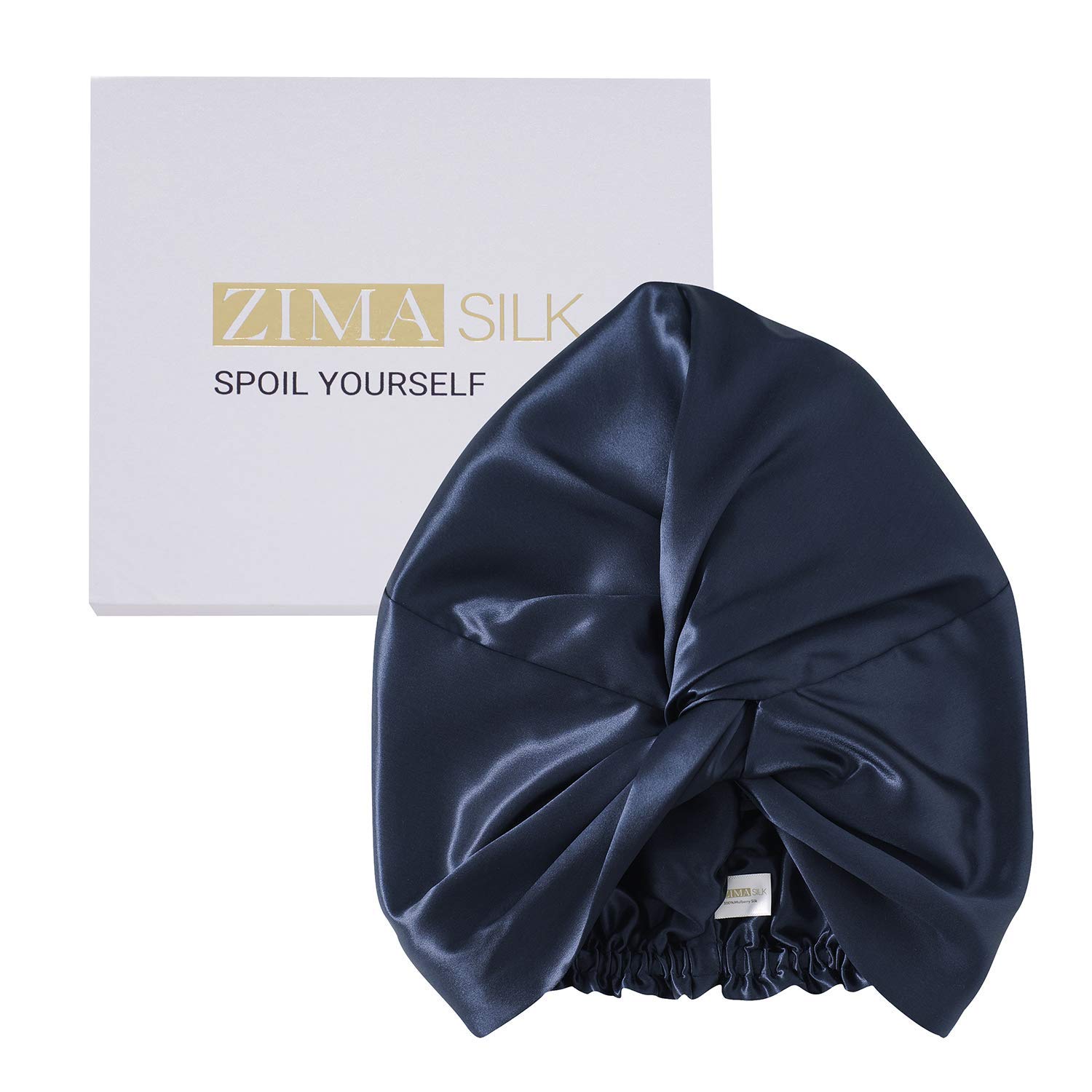 ZIMASILK 22 Momme 100% Mulberry Silk Sleep Cap for Women Hair Care,Natural Silk Hair Wrap for Sleeping, Bonnet with Elastic Stay On Head, Classic Pleated(1Pc, Navy Blue)