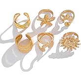 JUNLINTX Gold Seashell Starfish Rings 18k Plated Gold Chunky Dainty Set for Women Adjustable Waterproof Hawaii Beach Wave Stackable Rings Beach Rings for Summer Style