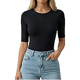 MANGOPOP Half Sleeve Tops for Women Crew Neck Slim Fitted Casual Going Out T Shirt Tops 2026 Trendy