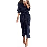 BTFBM Button Dwon Fall Dresses for Women 2026 | Lapel V Neck, Silk Satin, Long Sleeve, Tie Waist, Ruched, Work Clothes, Going Out, Business Casual Outfits,Maxi Dress,Fashion