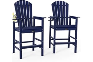 VINGLI Tall Adirondack Chairs Set of 2 HDPE Adirondack Bar Stools with Cup Holders, Poly Deck Chairs Outdoor Bar Stools, 350LBS Capacity (Navy Blue, 2 PCS)