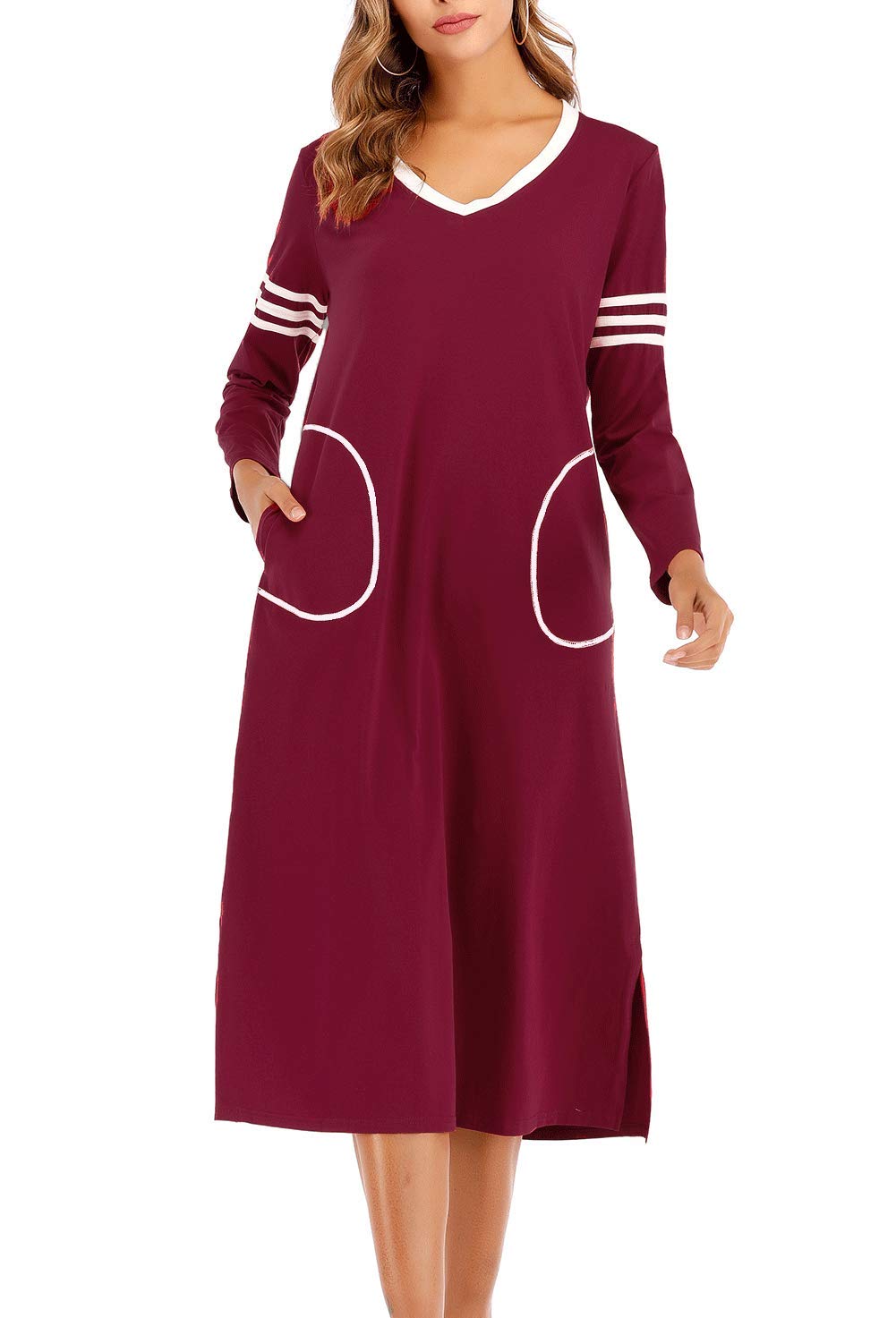 AOVXO Long Nightgown Womens V Neck Long Sleeve Nightshirt Ultra-Soft Cotton Fabric Split Hem Design with 2 Side Deep Pockets (Wine Red, 2XL)