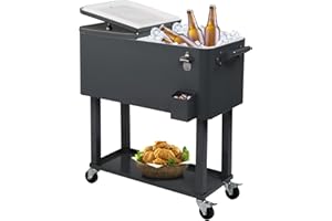 SSLine Portable Rolling Patio Cooler Ice Chest with Wheels Outdoor Cold Drink Beverage Bar Cart with Storage Shelf & Bottle Opener Home Deck Backyard Party Cooler Tub Trolley Cart