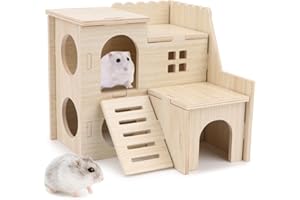 Wontee Dwarf Hamster Hideout Wooden House Maze Fun Slide Double-Decker Hut for Dwarf Hamsters Gerbils Mice or Similar Sized Pets