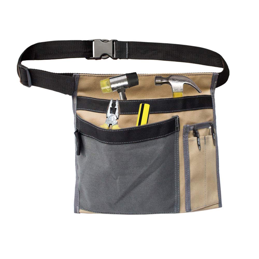 Cyleibe Tool Belt Pouch, 12OZ Multifunctional Canvas Waist Apron Tool pocket bags with Adjustable Belt Clip for Workshop Storage/Wood Working Tools/Screwdriver Pouch/Garden - Contrast Color Beige Grey