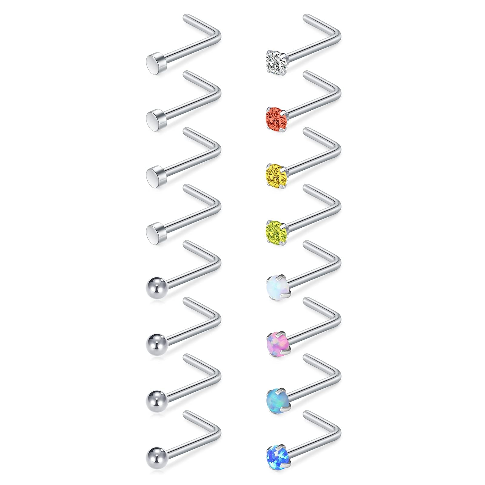 D.Bella 18G L Shape Nose Stud Stainless Steel L-Shaped Nose Rings Stud Opal CZ Nostril Jewelry Silver Nose Piercing Jewelry