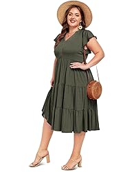 Moon Wood Womens Plus Size V Neck Ruffle Midi Dress