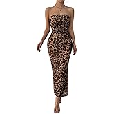 LIGHT DOT Women's Summer Dress Printed Strapless Tube Bodycon Maxi Side Slit Mesh Layered