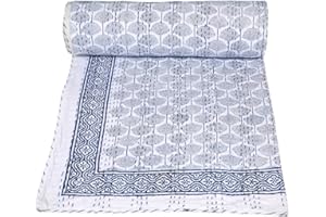 MAVISS HOMES Indian Block Print Kantha Quilt - Queen & King Size, Twin 90 X 60 Inch - Blue Block 2