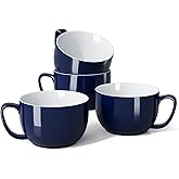 Teocera Porcelain Coffee Mugs, Soup Mugs Bowls with Handle, 24 oz Latte Mugs Set of 4 - Striped Design, Navy
