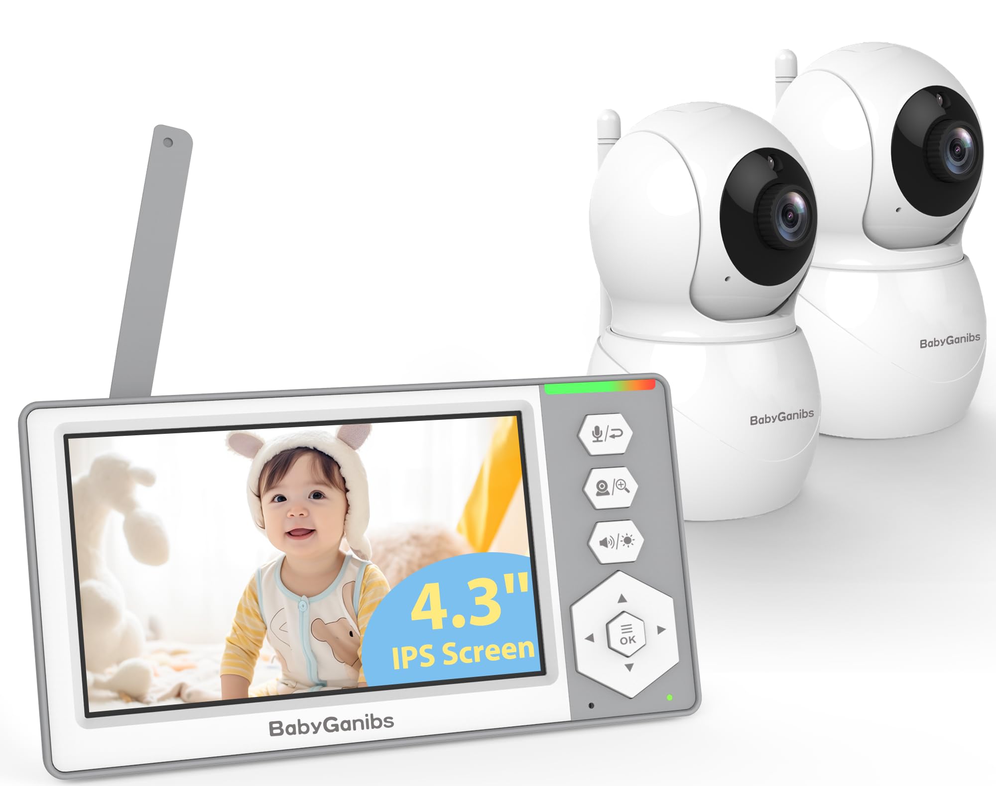 Photo 1 of Baby Ganibs Baby Monitor with 2 Cameras Standby for 26-Hour Battery, Remote Control 4.3'' IPS Video Baby Monitor No WiFi Up to 1000ft Range, ECO, Night Vision, Temperature, 2-Way Talk, 8 Lullabies