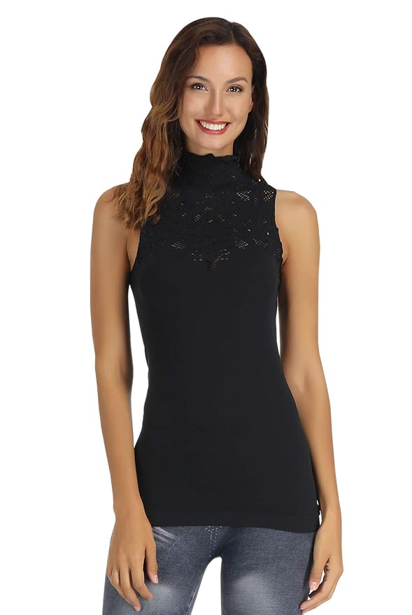 Disbest Damen Spitze Tops, Rollkragen Stretch Pullover Spitze Tank Top Ärmellos Weste Tops