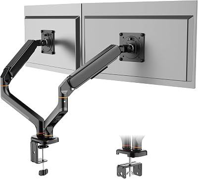 Suporte duplo para monitores para ecrãs de 13"-27", braço de gás ajustável, suporta 2 monitores, inclinação, rotação e rotação com grampo em C e base de montagem em ilhó, VESA 75/100mm (MA001-2)