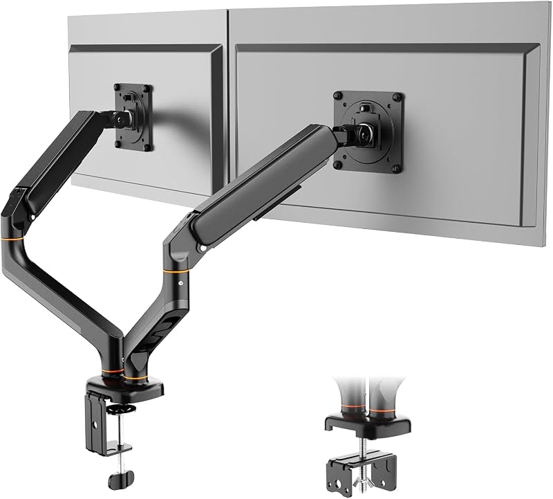 Soporte de Monitor Doble para Pantallas de 13"-27", Brazo de Gas Ajustable, Soporta 2 Monitores, Inclinación, Giro y Rotación con Base de Montaje C-Clamp y Grommet, VESA 75/100mm (MA001-2)