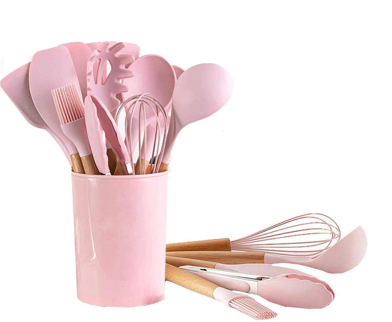 Silicone Cooking Utensils Kitchen Utensil Set - 446°F Heat Resistant,Turner Tongs,Spatula,Spoon,Brush,Whisk. Wooden Handles Gray Kitchen Gadgets Tools Set for Nonstick Cookware (BPA Free) (Pink-12pcs)