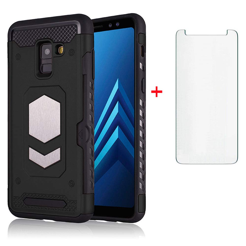 Phone Case for Samsung Galaxy A8 2018 with Tempered Glass Screen Protector Credit Card Holder Wallet Magnetic Slim Rugged Hybrid Protective Cell Accessories Cover for Glaxay A 82018 Women Men