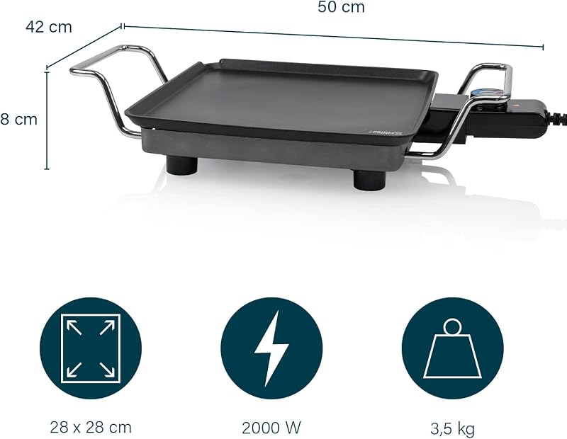 Chapa quadrada compacta princess 102210 com revestimento antiaderente de camada dupla, 1900 w, superfície de 28 x 28 cm, alumínio fundido, alças cool-touch, termostato ajustável