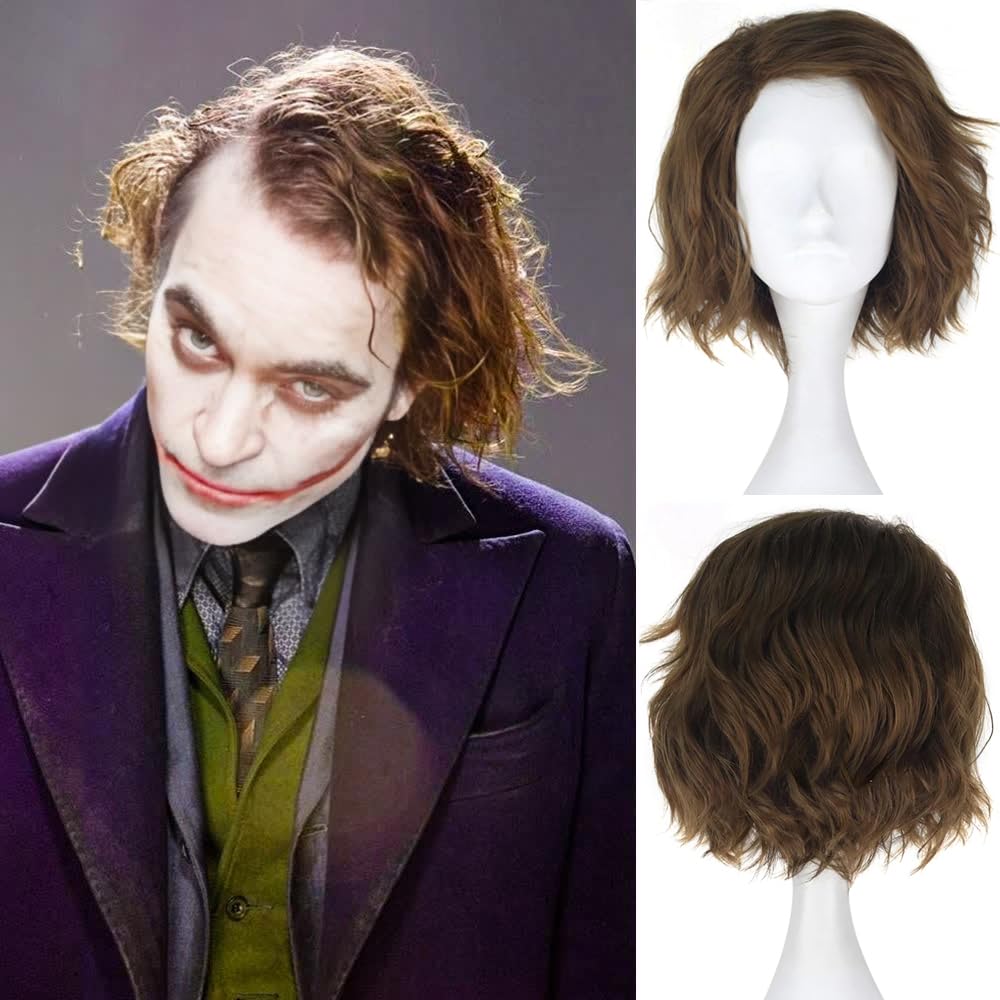 PORSMEER Men's Clown Joker Wig Curly Short Brown Wavy Cosplay Wig Halloween Costume Party Wigs Unisex