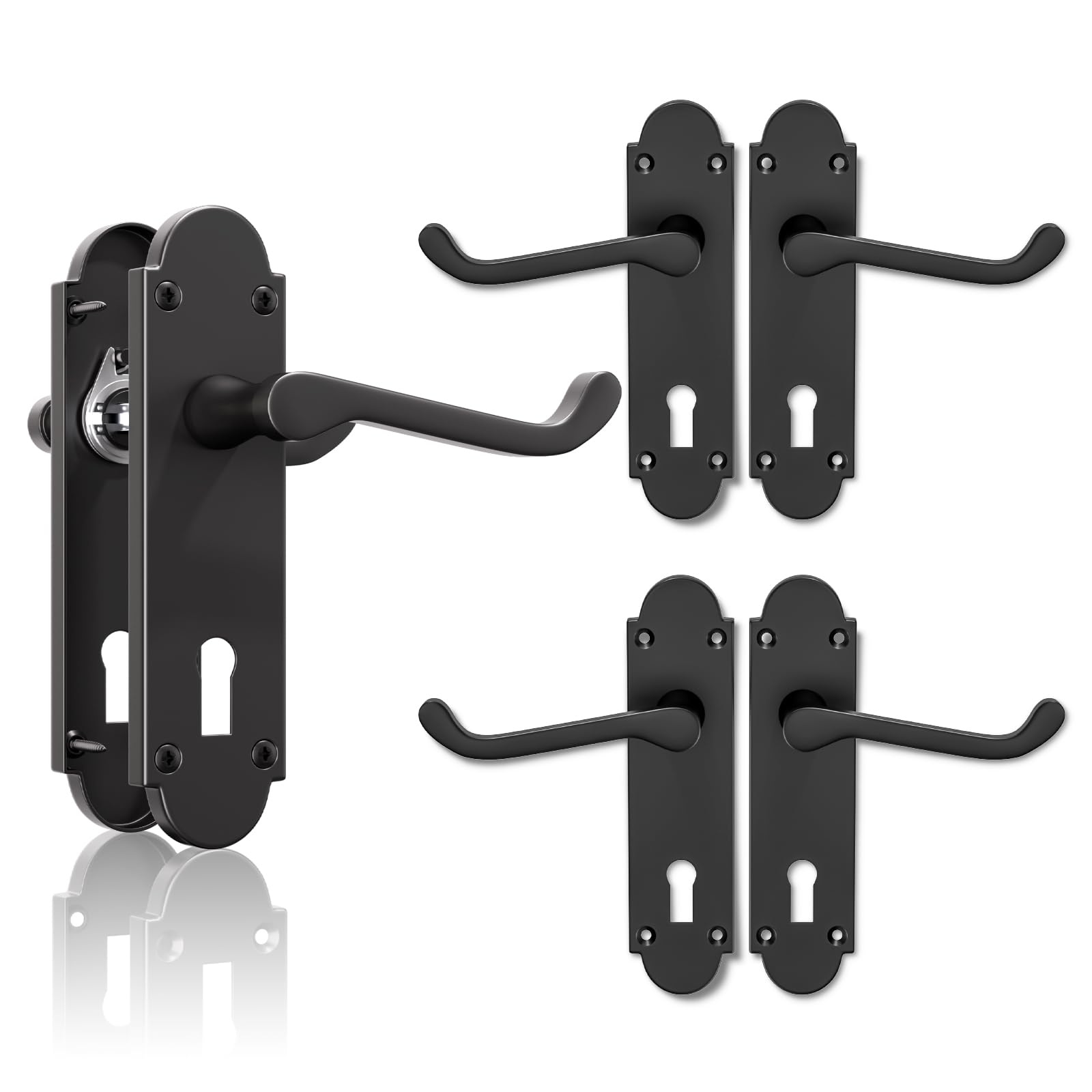 Bwintech 3 Sets Matt Black Richmond Lever on Plate, Latch Furniture, Backplate Door Handles, with Keyhole, Suitable for Wooden Doors