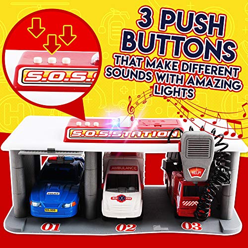 WolVol Emergency 3-Vehicle Garage w/ Pretend Radio & Sounds - Portable Utility Vehicle Station - Ideal Gift for Boys & Girls