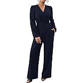 chicyes Women's Jumpsuits Dressy Spring Long Sleeve V Neck Wide Leg Pants Romper Casual Fall Vacation Travel Outfits