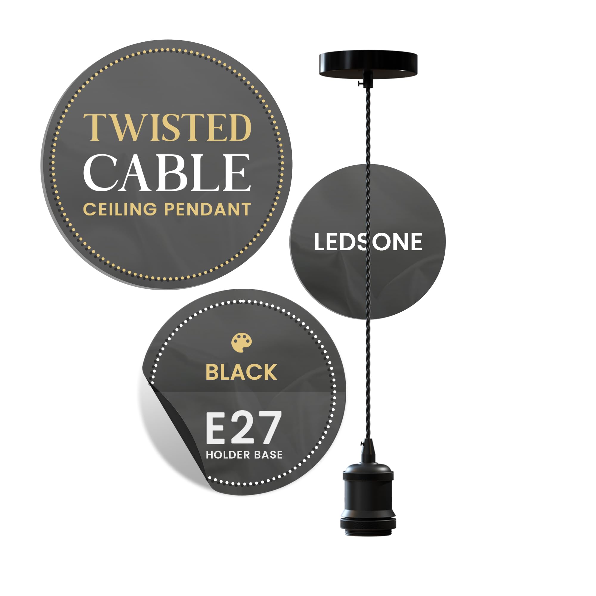 LEDSone Vintage Matt Black E27 Pendant Light Fitting with 1m Twisted Braided Cable – Ceiling Lamp Holder for Kitchen Bar Loft
