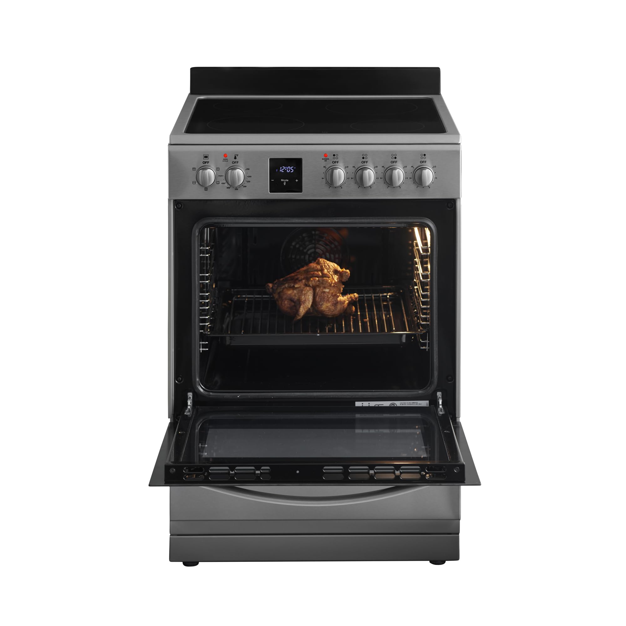 iio 24 inch Electric Stove iER-244SS, Oven Range with Triple Lined Door Glass, 4 Top Burners, Convection Fan, Deep Broiler, Digital Timer Clock, 5 Cook Functions (Stainless Steel)