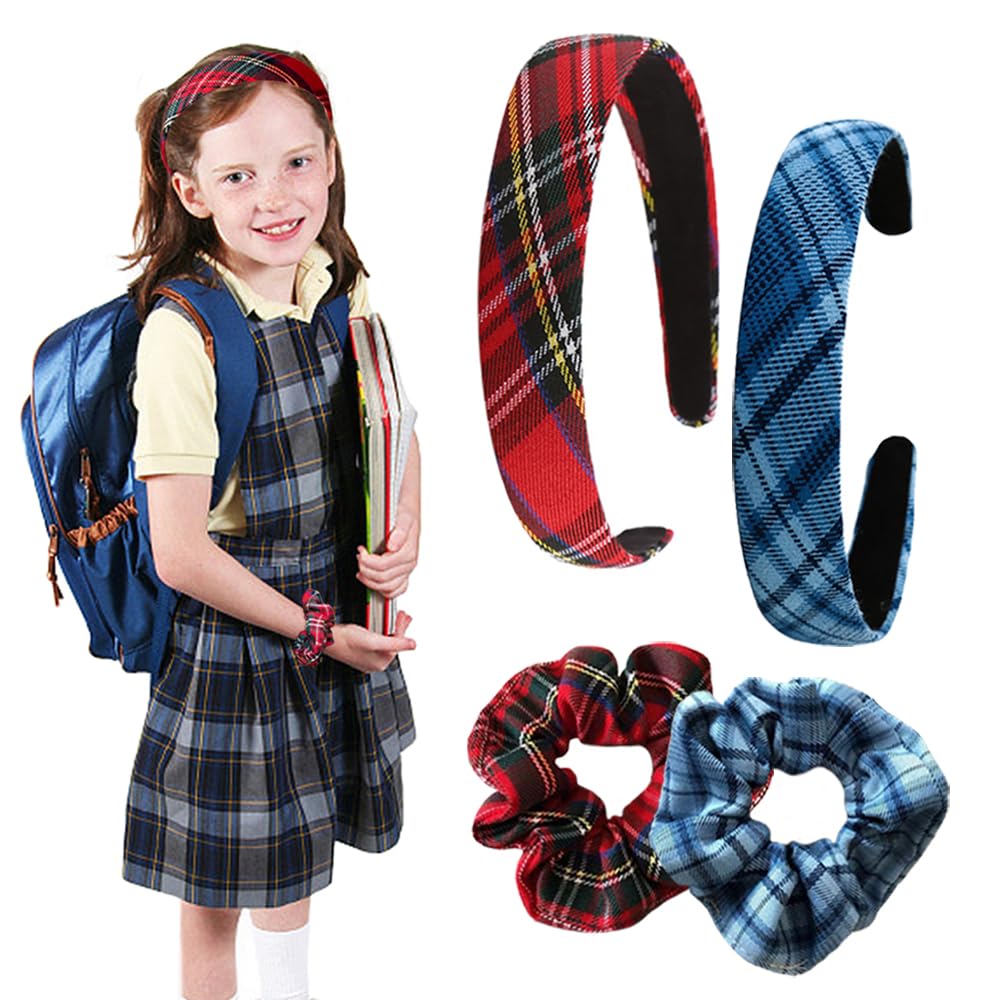 TRKETK 2 Pcs Tartan Headband, Fabric Headband with Tartan Scrunchies Hair Vintage Alice Band Hair Plaid Elastic Padded Headbands Scottish Checkered Hairband for Women Girls (Red + Blue)