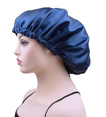 Dehman Extra Large Bonnet Cap for Women, Silk Satin Bonnet Cap for Sleeping, Double Layer, Adjustable Night Hat for Natural Hair Long Braids (Navy)